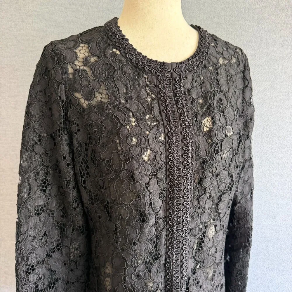 Karl Lagerfeld Black Lace Long Jacket Size 6 Elegant Tunic Dressy Topper Classic